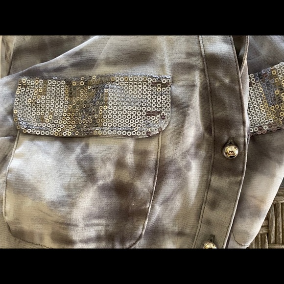 Inc. Gray Silver Glitz Button Blouse Mesh Sheer. - Picture 6 of 7